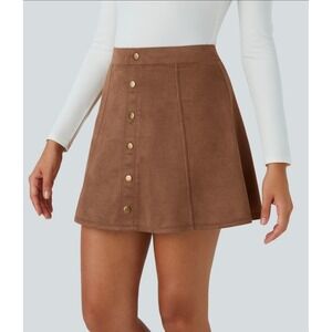 Halara High Waisted Faux Suede Skort Large Brown A-Line Mini Skirt Shorts New